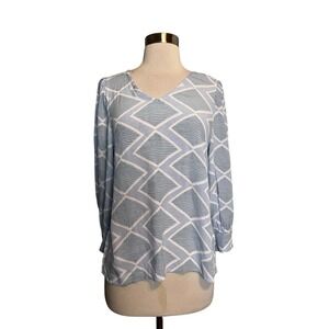 Michelle McDowell Top M Blue Printed V Neck Long Sleeve